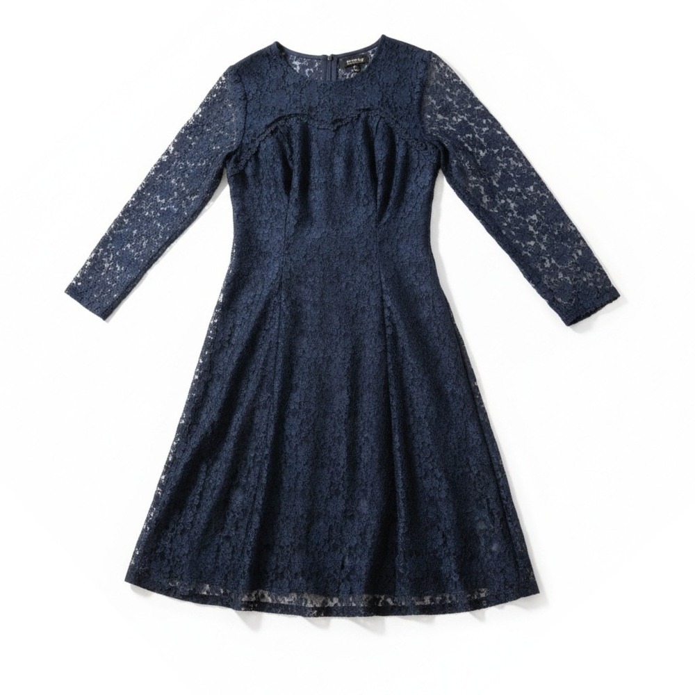 Dana Scott Navy Blue Floral Lace Long Sleeve Midi Dress Vintage Size 11/12 NWT